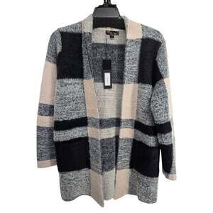 Renuar NEW Plaid Biscotti Combo Black Tan Open Front Cardigan Sweater Size XL